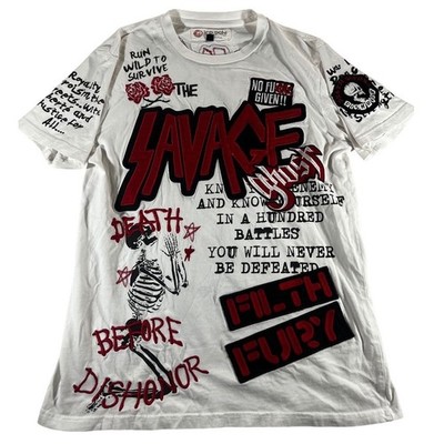 Iro-Ochi Savage Vandal Graphic Patch T-Shirt White Mens Small Skulls Streetwear