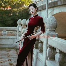 Women Chinese Traditional Long Cheongsam Velvet Qipao Dress Party Gown Wedding