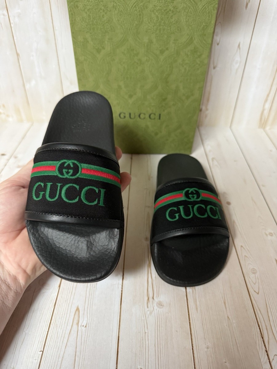 Gucci Embroidered Stripe Logo Canvas Slide Sandals Black