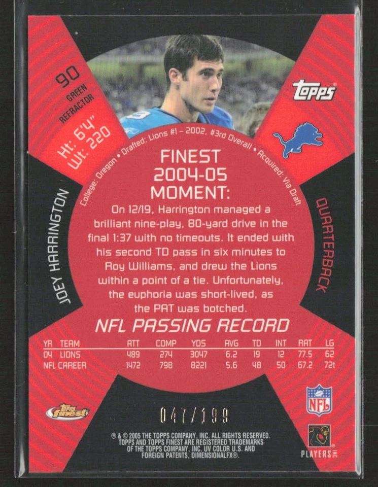Joey Harrington 2005 Finest #90 Green Refractors /199 Detroit Lions - Image 2 of 2