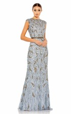 Mac Duggal Platinum Gray Gold Embellished Illusion Column Gown Size 10 $698