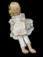 Antique Hand Made Doll 17" Blonde White Circa 1940's Rag Cloth