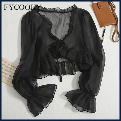 2026 Flounce Chiffon Sunscreen Shirt Women Summer Ice Silk Solid Thin Sweet.