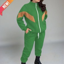 New 2-Piece Green  Tan Contrast Stripe Fleece Jogger Set