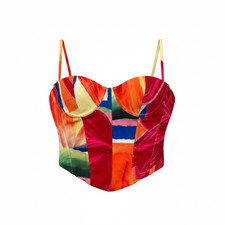 White Fox Corset Bustier Top Small Multicolor Abstract Print Back Strappy Crop