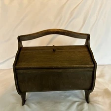Vintage Wooden Sewing Box Basket 2 Hinged Door Lids Carrying Handle Spool Ledge