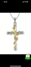 Golden Floral Rose Flower on Silver Cross Pendant Fashion Necklace Lovely Gift