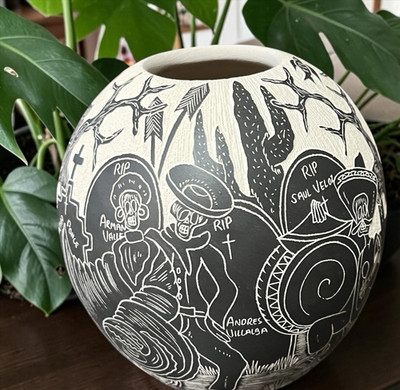 Mata Ortiz Pottery Hilario Quezada Jr Day Of Dead Olla Vase Sgraffito Mexico Art