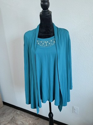 Bend Over Blouse 1X 2 In 1 Blouse Cardigan Rhinestone Faux Pearls Office Career