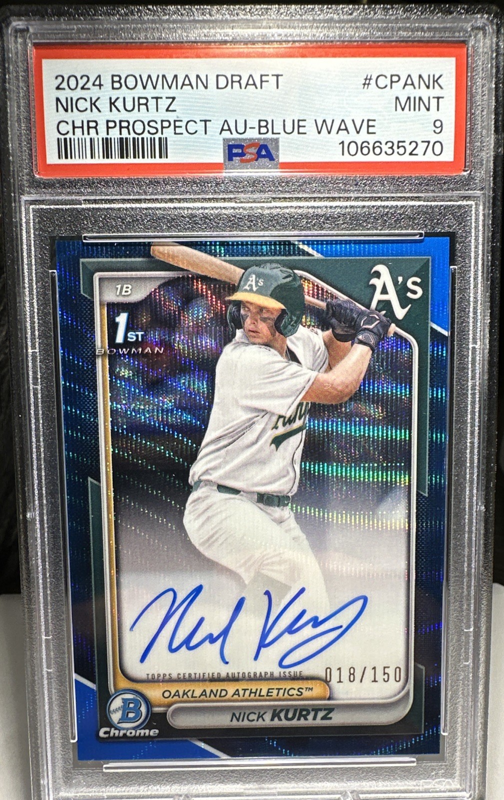 2024 Bowman Draft Nick Kurtz Chrome Auto Blue Wave Refractor 1st Prospect 18/150