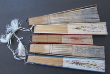 5 Vintage Japanese Hand Painted Bamboo Paper  Silk Folding Fans with FREE SHIP