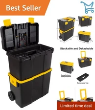 Portable Plastic Tool Box with Wheels 2-in-1 Stackable Storage Organizer