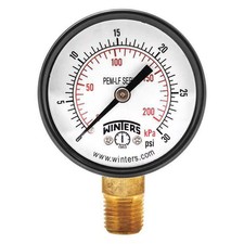 Lead-Free Pressure Gauge, 0 to 30 psi, 2 in , 1/4 in NPT, Bottom Location, Steel