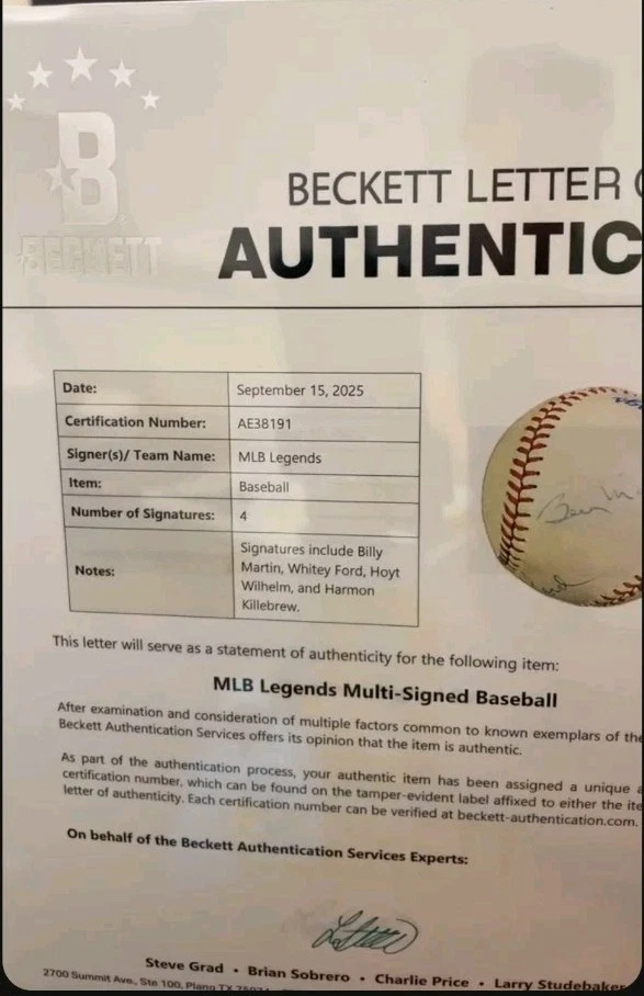 Béisbol firmado con carta de autenticidad Beckett Foto 2 de 4