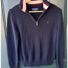 Polo Ralph Lauren Boys Half Zip Sweater M 8-10 Navy Red Rugby Collar Cotton