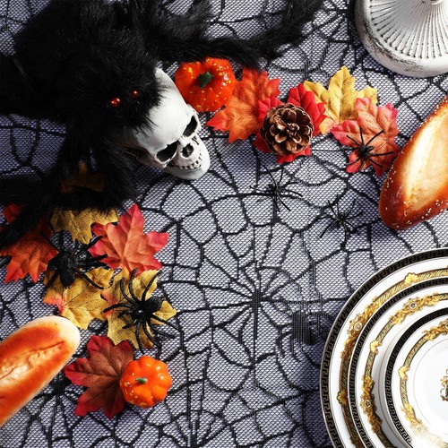 Tovaglia Halloween Ragnatela Pizzo Nero Ragnatela Copritavolo Gotico - Foto 6 di 7