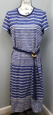 Tommy Bahama T-Shirt Dress Womens L Blue Striped Coastal Chalet Belted Crew Neck