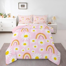 Girls Pink Kawaii Bedding Set Twin,Daisy Rainbow Comforter Set For Pastoral R...