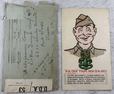 Original WWII Postcard & Cover U.S. Army KIA ORA From New Zealand Tiki Pendant