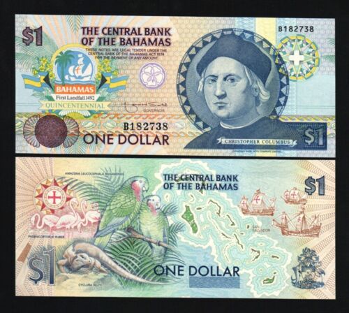 BAHAMAS 1 DOLLAR P-50 1992 COLUMBUS SHIP COMMEMORATIVE UNC Running # Pair of 2 - Picture 2 of 2