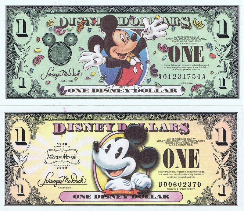 Set of 2 Mint $1 2000 A & 2008 D Millennium Mickey Mouse Disney Dollars Dollar