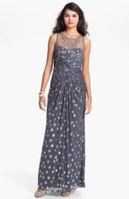 Adrianna Papell Knot Front Metallic Mesh Gown Sz 8 Silver grey
