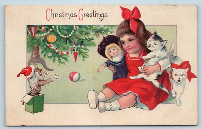 Postcard Christmas Greetings Girl Holding Cat Scared By Jack In The Box AA12
