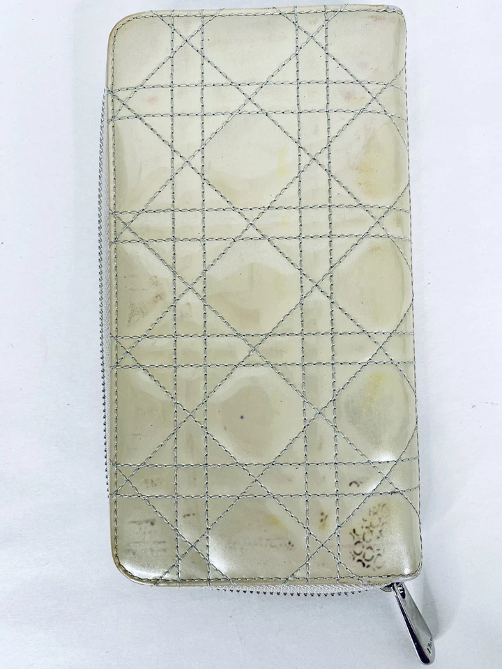 Christian Dior Beige Tostado Largo Cremallera Alrededor Charol Sobre Cartera Italia Foto 2 de 4