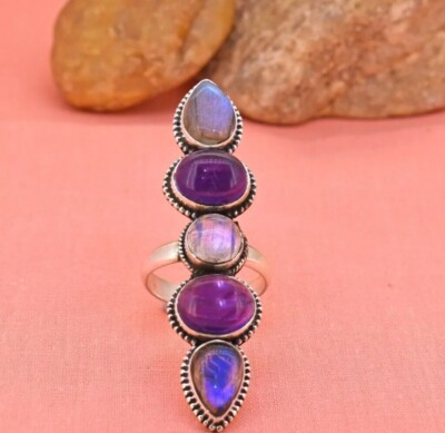 Amethyst Moonstone Labradorite 925 Sterling Silver Ring Handmade Jewelry H4