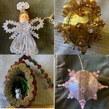 Lot Of 4: Vintage Christmas Satin Beaded Push Pin Embellished Ornaments 3-4  