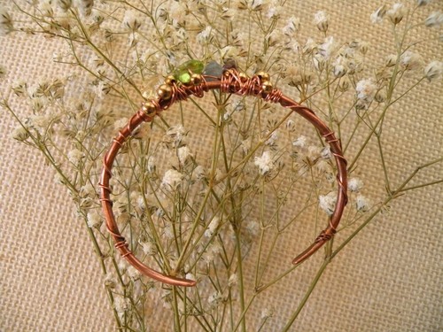 Copper Bracelet Cuff Peridot Amethyst Citrine Brass Beads Artisan Wire Art Blue - Picture 11 of 12