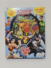 DC Justice League Stuck on Stories-10 Toy Suction Cups  Storybook-Ex Condition
