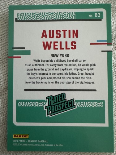 Austin Wells 2023 Donruss Rated Prospect Yellow Parallel #83 New York Yankees RC - Bild 2 von 2