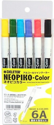 Deleter NEOPIKO-COLOR Alcohol Dual Tipped Marker 6A Basic Colors Set  Copics