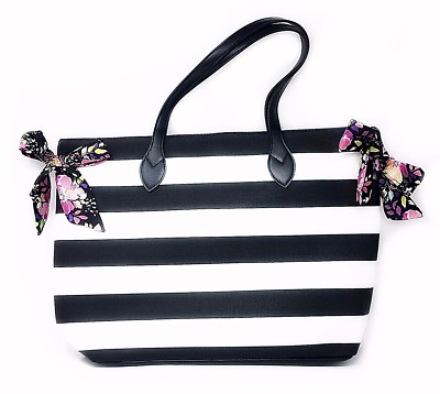 Simply Spring Tote, Black and White Stripes, Large Bag with Bows
