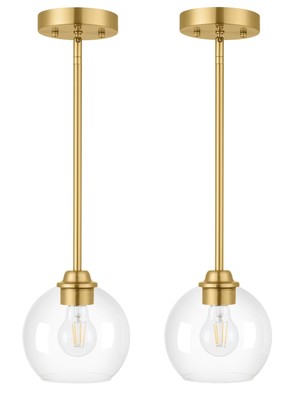 Gold Pendant Light Fixtures 2 Pack, Globe Pendant Lights with Clear Glass Sha...