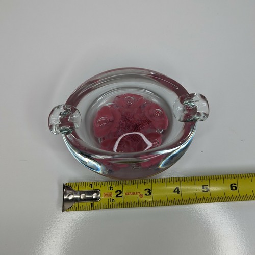 BEAUTIFUL ART GLASS OVAL ASHTRAY / PAPERWEIGHT PINK TRUMPET FLOWERS BUBBLES - Picture 6 of 7