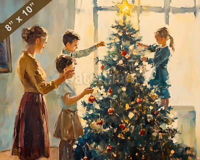 Family decorating the Christmas tree oil painting 8x10 Print