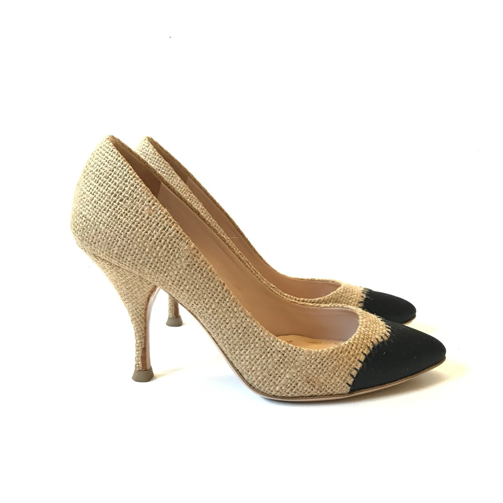 Décolleté Miu Miu Tela Chic Donna 36 6 Beige Naturale Nero Punta Punta Iuta