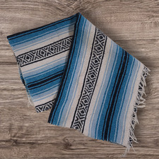Mexican Falsa Serape Blanket  Blue/White/Black Woven Fringe Throw 69x43