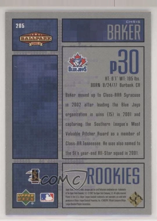 2002 Upper Deck Ballpark Idols Rookies Gold /25 Chris Baker #205 Rookie RC - Image 2 of 2