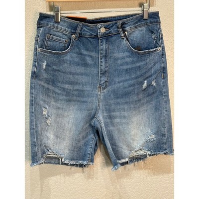 Risen Women's 1X High Waist Distressed Long Denim Cut Off Jean Shorts NWT