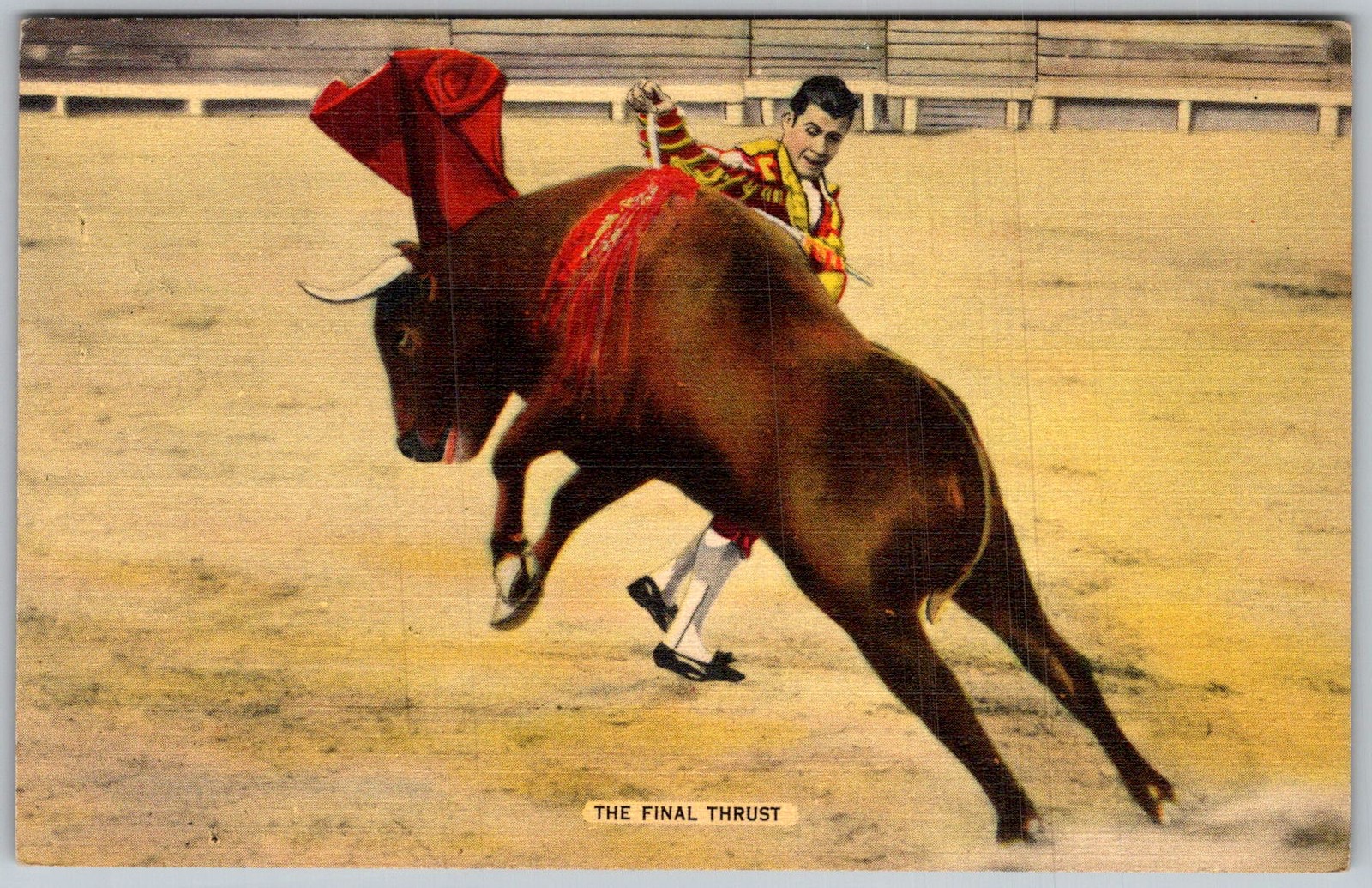 Vtg Linen Postcard Bullfight Matador Final Thrust Mexico 1930s