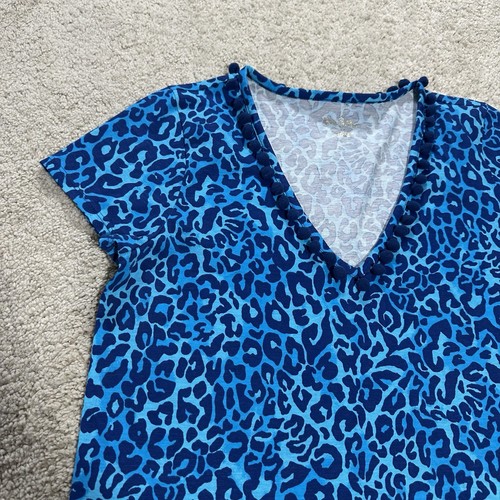 Lilly Pulitzer Etta V Neck Dress Women’s M Blue Cheetah Bauble Trim Short Sleeve - Picture 2 of 9