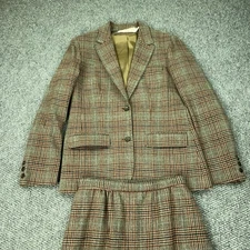 Vintage Pendleton Skirt Suit Womens 10 Brown Plaid Wool Blazer Midi Set 70s