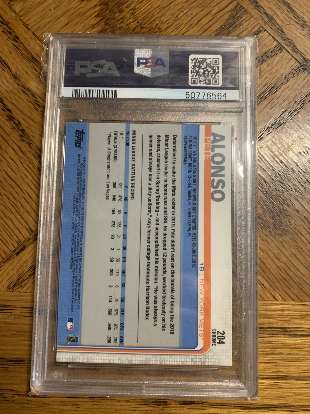 2019 Topps Chrome Pete Alonso RC #204 PSA 10 view 2