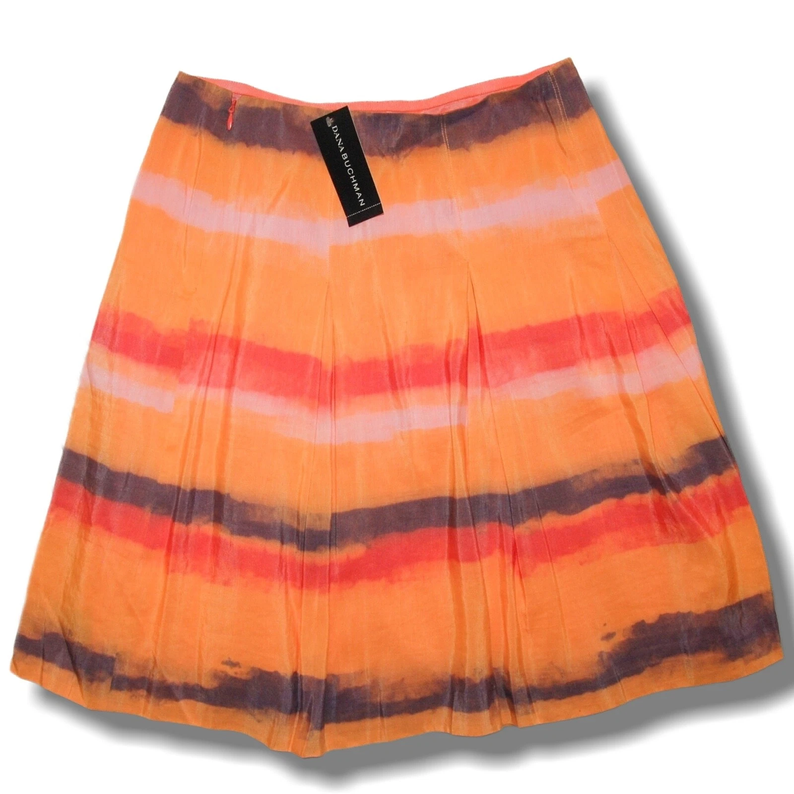 NWT $350 DANA BUCHMAN Orange Stripe sz 6 Pleated Skirt Viscose Silk Linen Blend