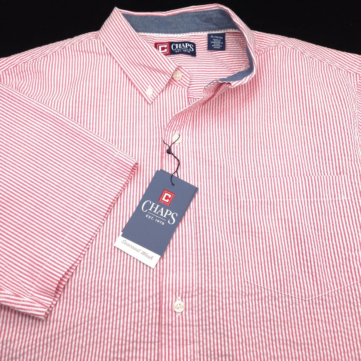 Chaps Button Seersucker Stretch Shirt -XL red white Stripe