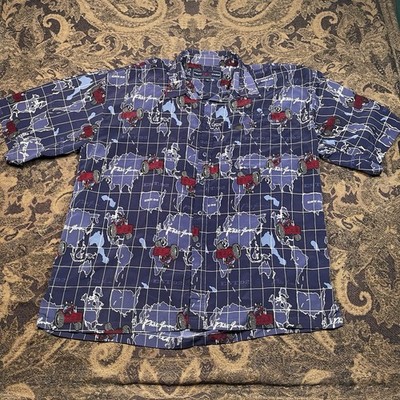 Vtg Phat Farm Button Up Shirt Men XXL Blue Farm Tractor Bull Map All Over Print