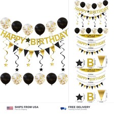 Happy Birthday Banner - Gold Birthday Banner with Garland, Balloons and Hangi...